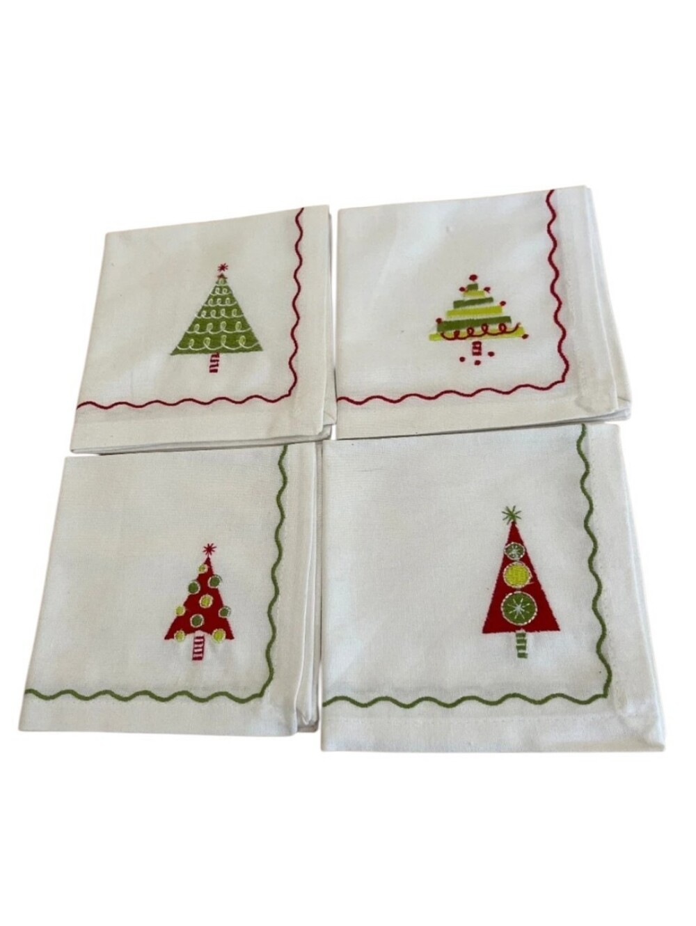 Crate & Barrel Christmas Tree Pattern Cotton Cocktail Napkins Set of 4 New